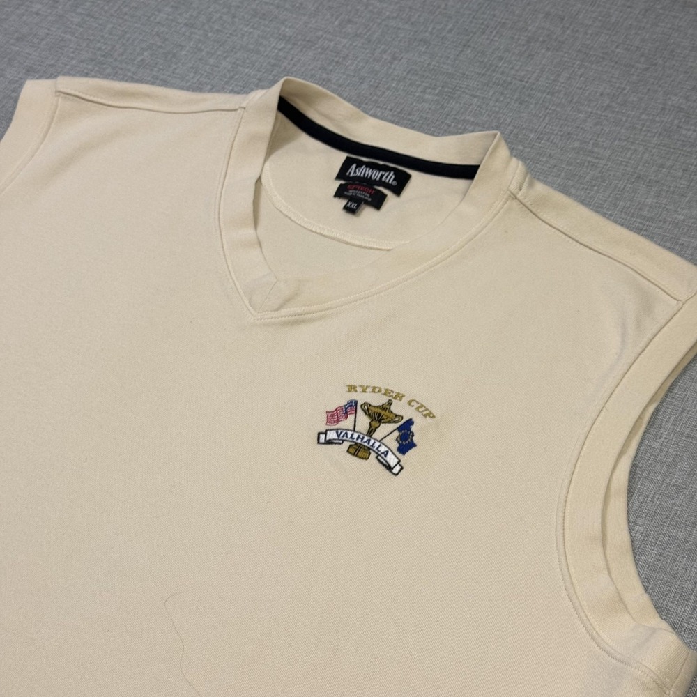 Ashworth Ryder Cup Golf Sweater Vest Mens 2XL Beige V-Neck Embroidered